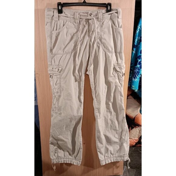Aeropostale 9/10 Ladies Beige Cargo Pants Floral‎ Embroidered Drawstring Hem - Picture 1 of 9